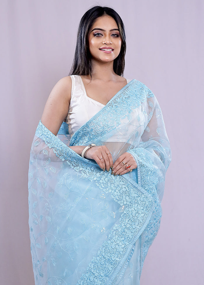 Blue Organza Saree With Blouse Piece - Indian Silk House Agencies