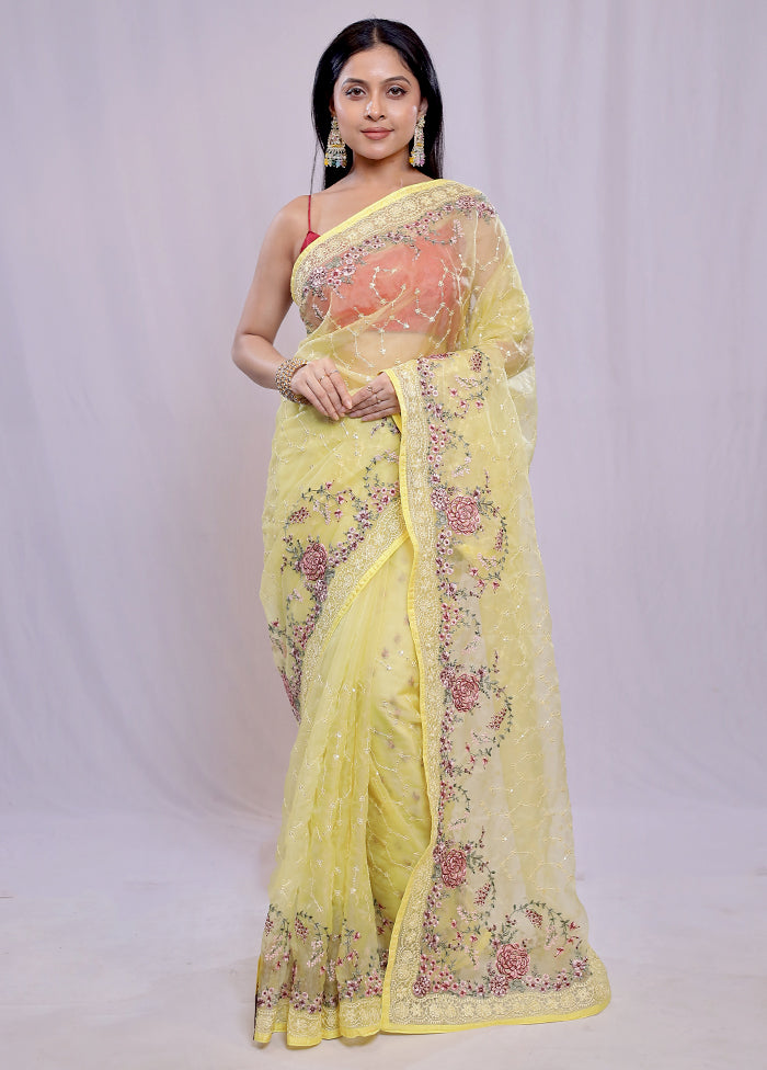 Yellow Organza Saree With Blouse Piece - Indian Silk House Agencies