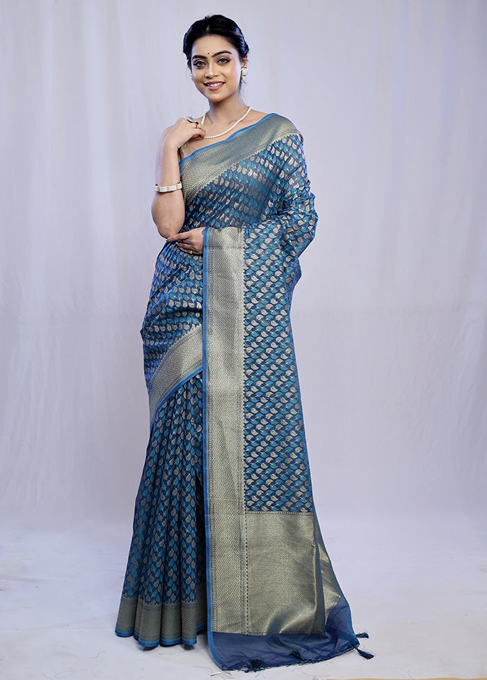 Blue Kora Silk Saree With Blouse Piece - Indian Silk House Agencies