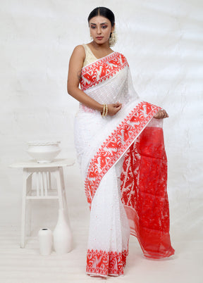 White Tant Cotton Saree Without Blouse Piece - Indian Silk House Agencies