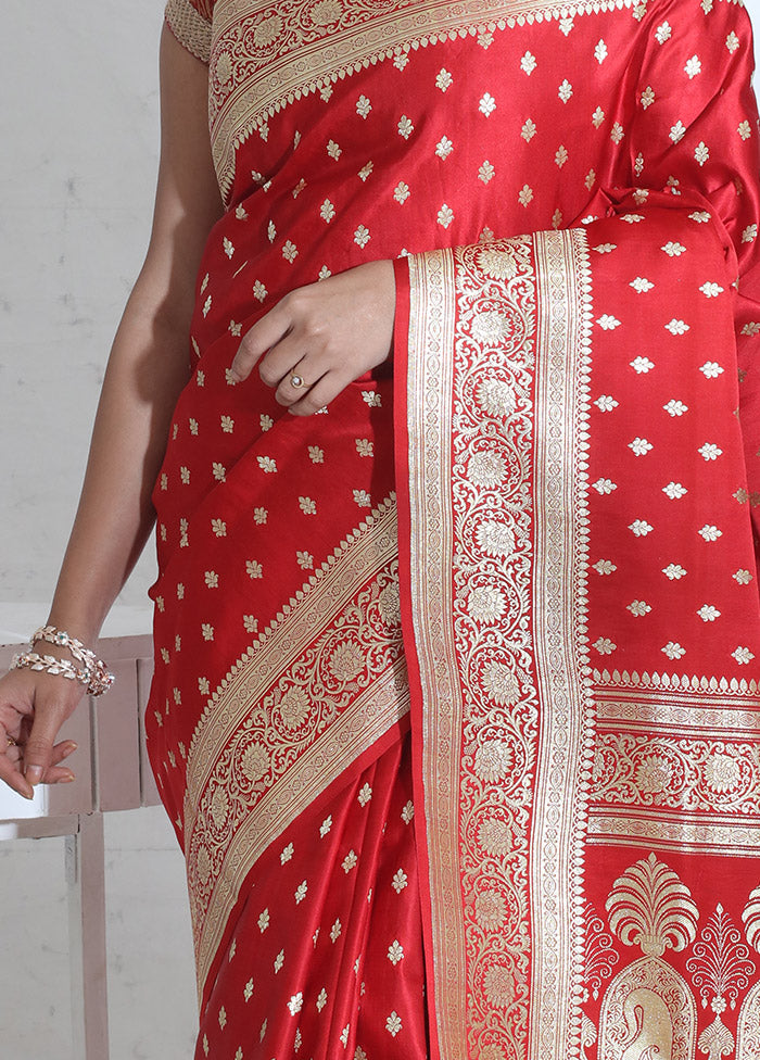 Red Banarasi Pure Silk Saree With Blouse Piece - Indian Silk House Agencies