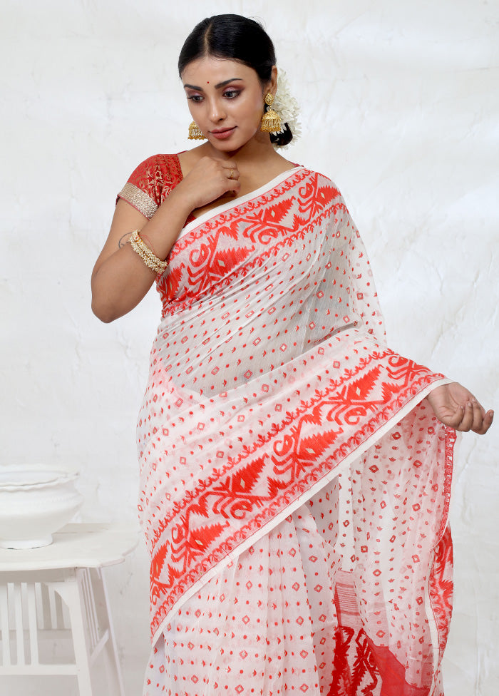 White Tant Cotton Saree Without Blouse Piece - Indian Silk House Agencies