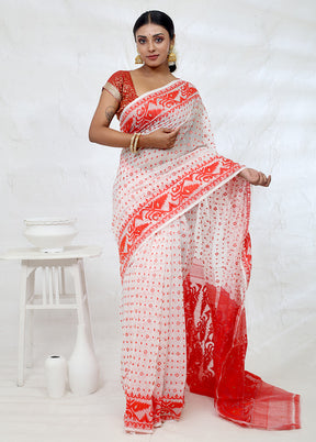 White Tant Cotton Saree Without Blouse Piece - Indian Silk House Agencies