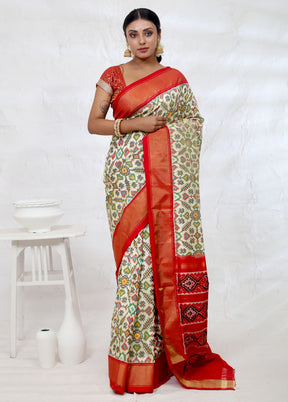 Cream Pure Patola Silk Saree With Blouse Piece - Indian Silk House Agencies