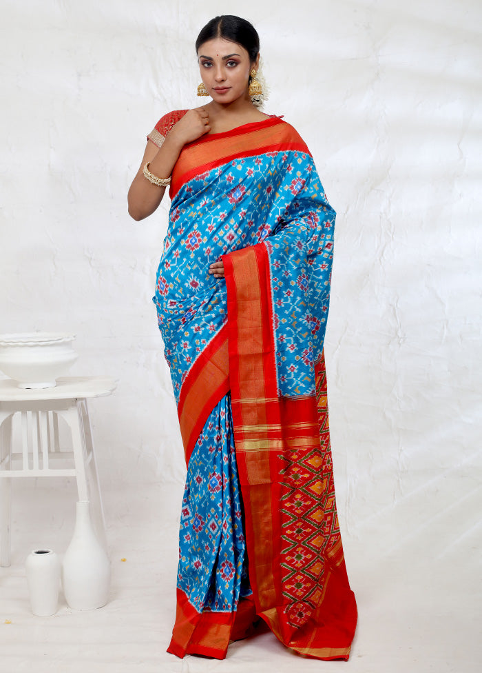 Blue Pure Patola Silk Saree With Blouse Piece - Indian Silk House Agencies