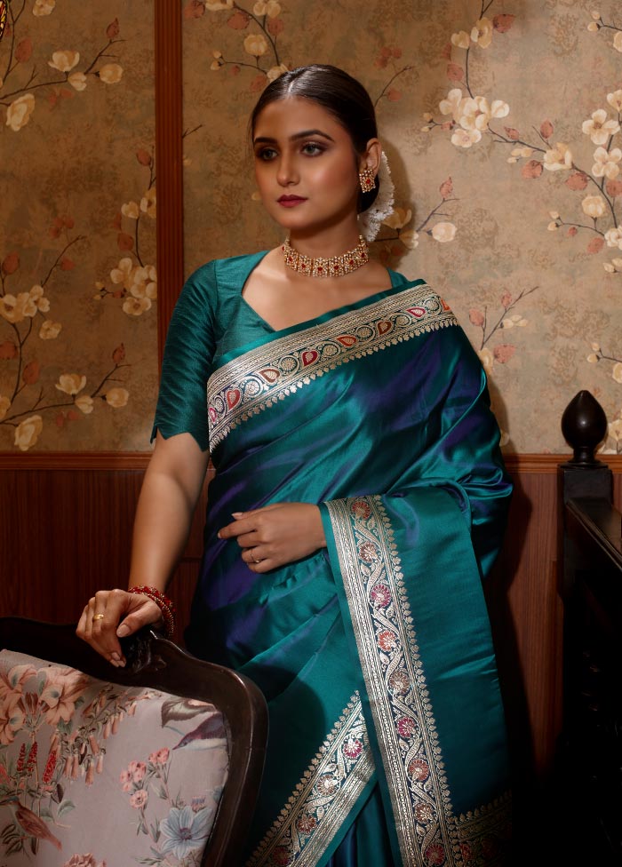 Dual Tone Sea Green Pure Banarasi Silk Saree With Blouse Piece - Indian Silk House Agencies