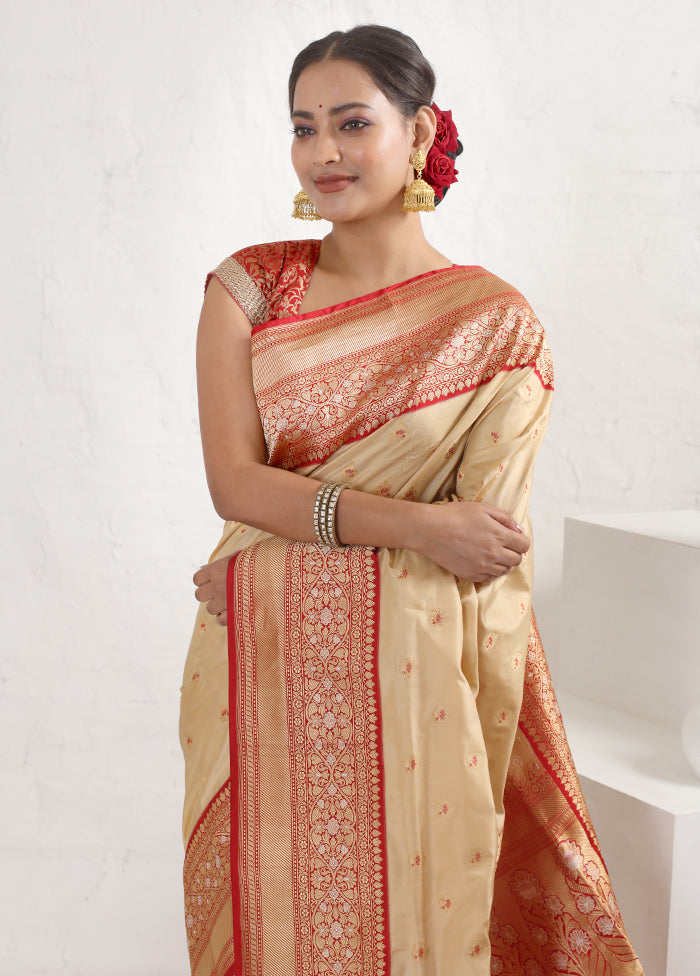 Cream Katan Pure Silk Saree With Blouse Piece - Indian Silk House Agencies