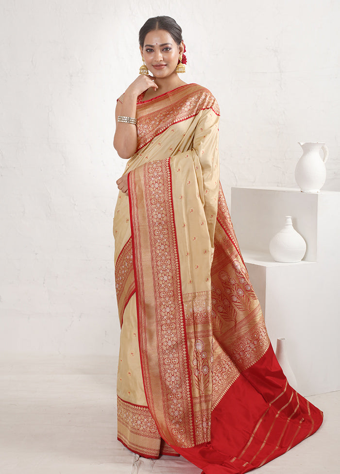 Cream Katan Pure Silk Saree With Blouse Piece - Indian Silk House Agencies