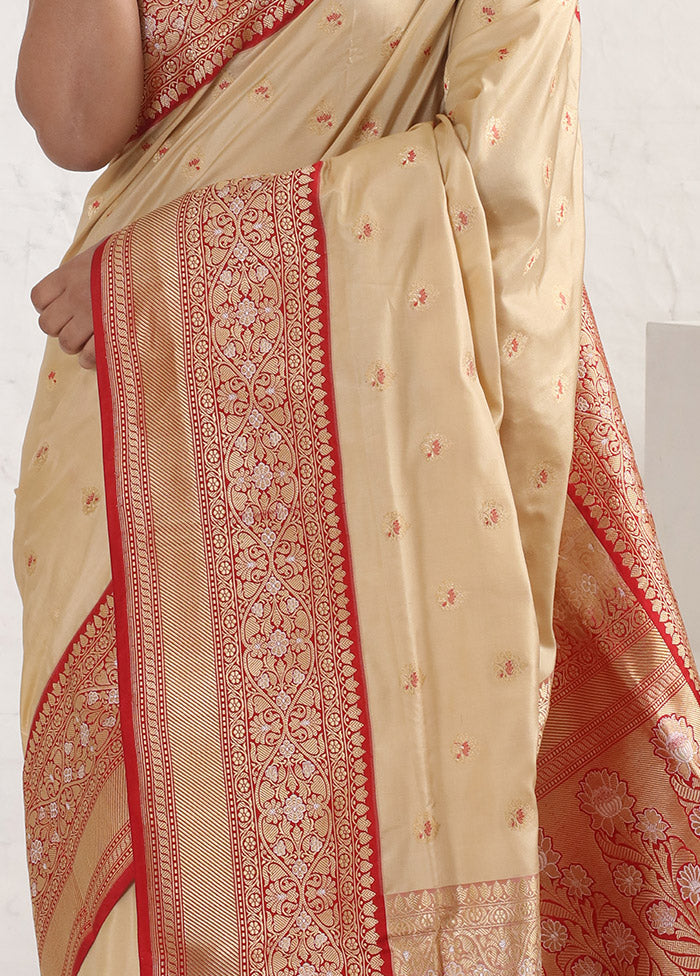 Cream Katan Pure Silk Saree With Blouse Piece - Indian Silk House Agencies