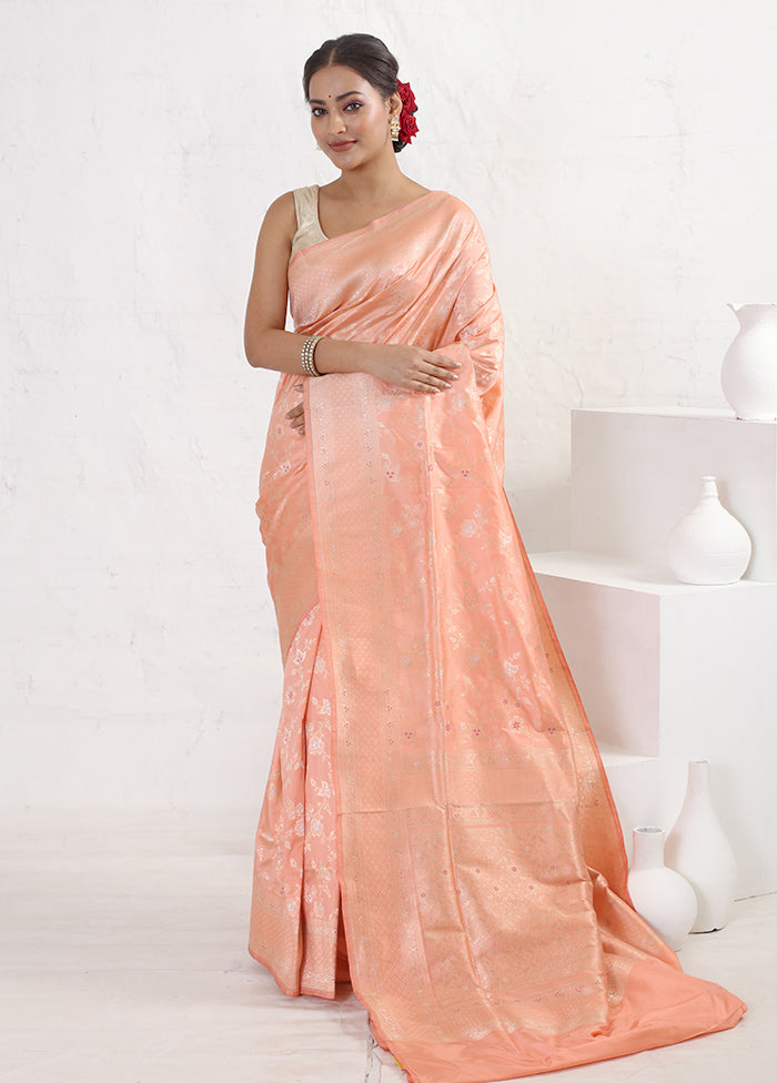 Peach Katan Pure Silk Saree With Blouse Piece - Indian Silk House Agencies