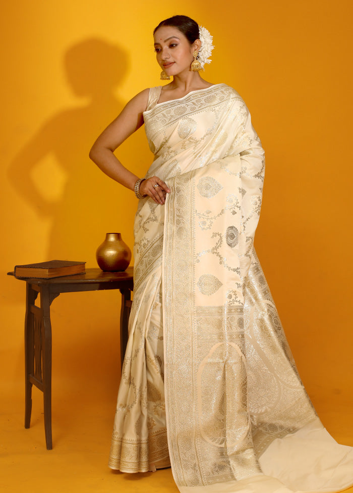 Cream Banarasi Silk Saree With Blouse Piece - Indian Silk House Agencies