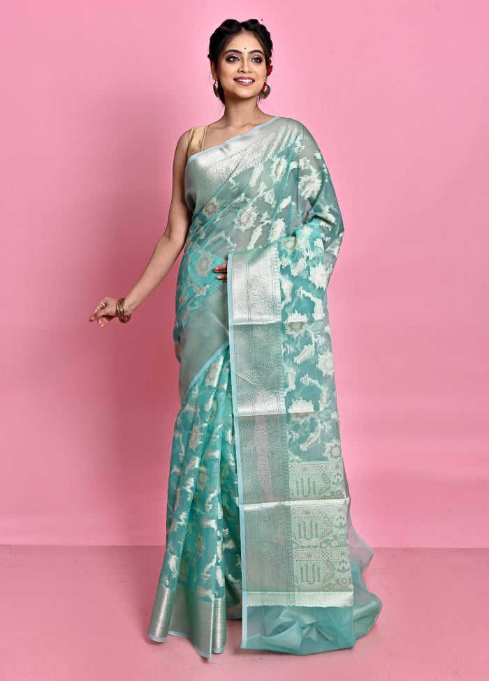 Blue Organza Saree With Blouse Piece - Indian Silk House Agencies