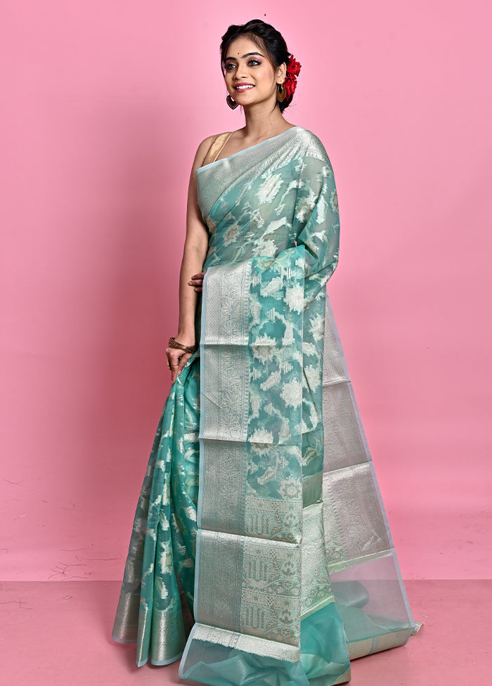 Blue Organza Saree With Blouse Piece - Indian Silk House Agencies