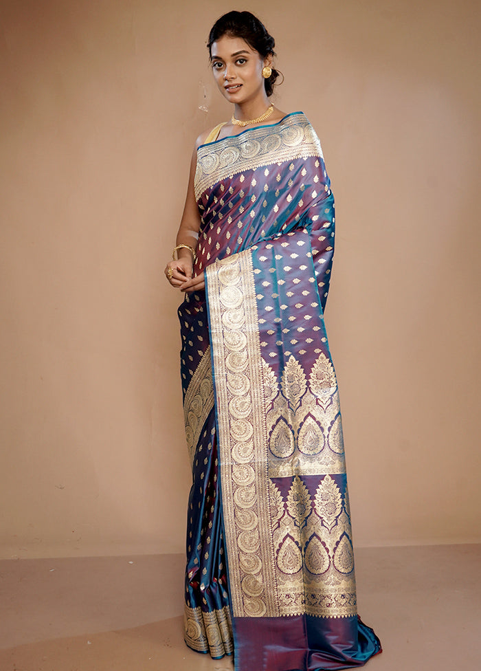 Blue Banarasi Pure Silk Saree With Blouse Piece - Indian Silk House Agencies
