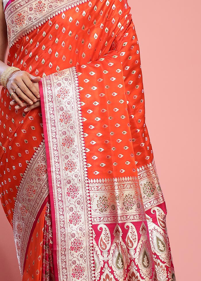 Orange Banarasi Pure Silk Saree With Blouse Piece - Indian Silk House Agencies