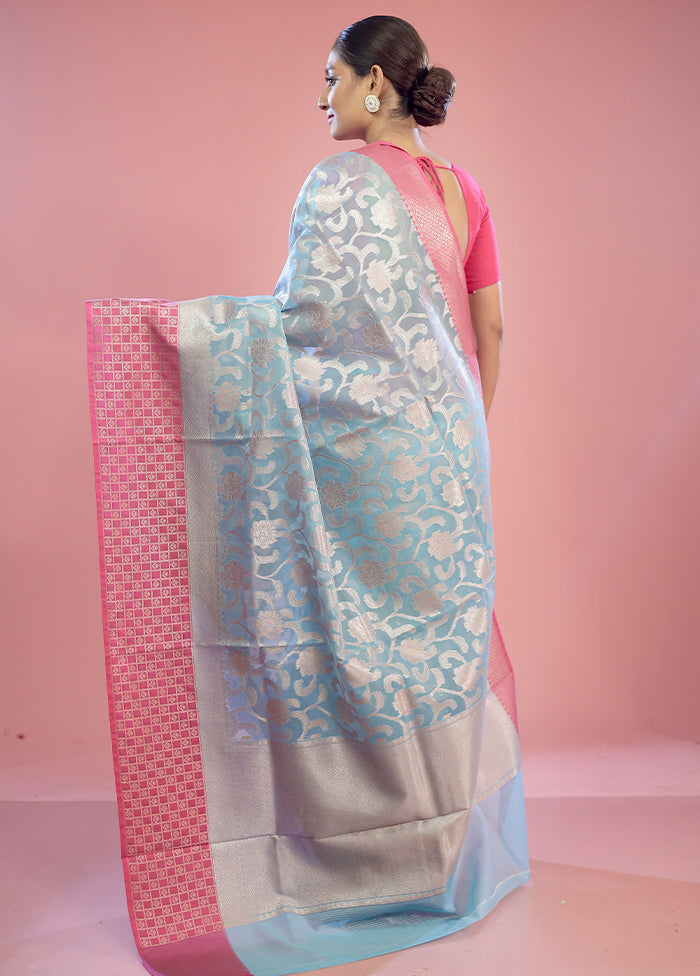 Blue Kora Silk Saree With Blouse Piece - Indian Silk House Agencies