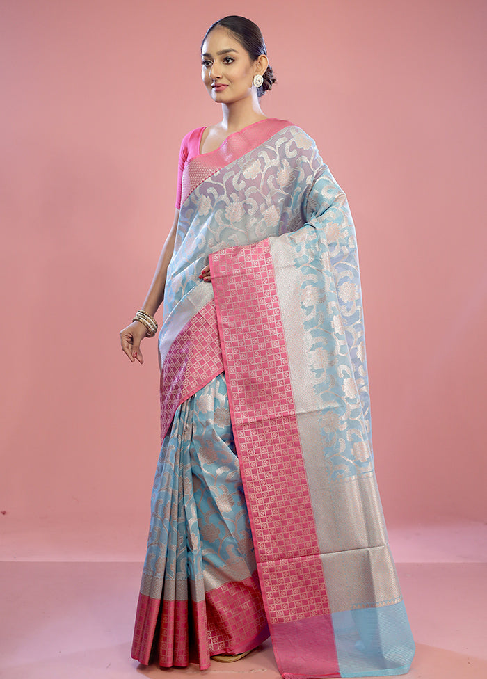 Blue Kora Silk Saree With Blouse Piece - Indian Silk House Agencies