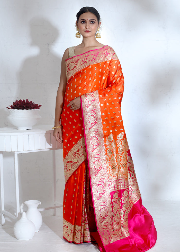 Orange Banarasi Pure Silk Saree With Blouse Piece - Indian Silk House Agencies