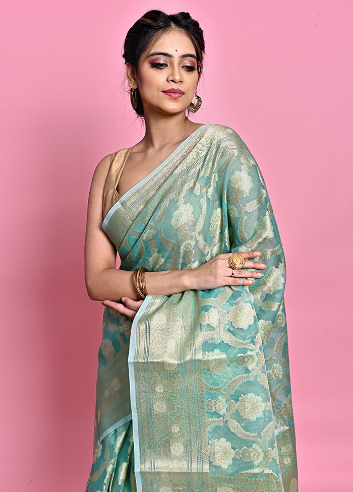 Blue Organza Saree With Blouse Piece - Indian Silk House Agencies