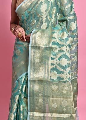 Blue Organza Saree With Blouse Piece - Indian Silk House Agencies