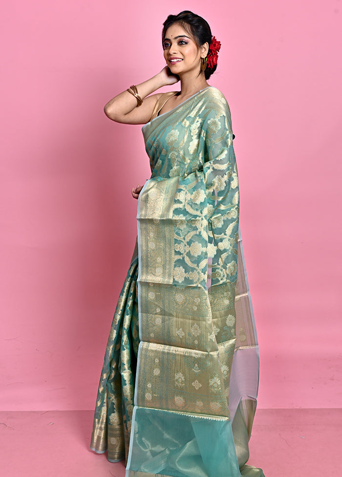 Blue Organza Saree With Blouse Piece - Indian Silk House Agencies