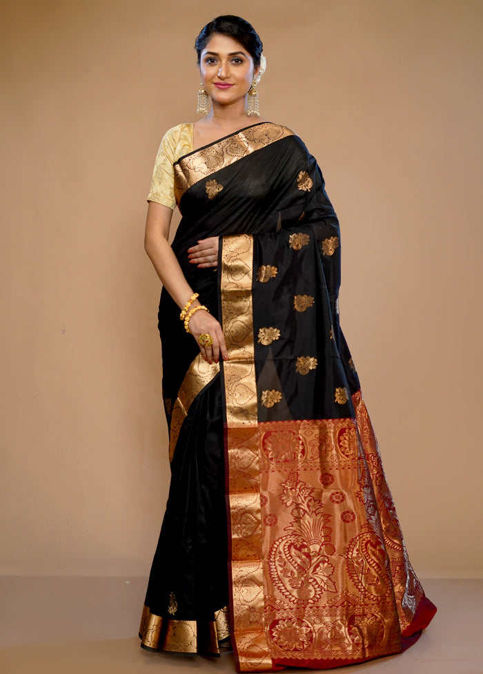 Black Kanjivaram Silk Saree With Blouse Piece - Indian Silk House Agencies