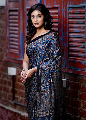 Blue Printed Pure Silk Saree With Blouse Piece - Indian Silk House Agencies