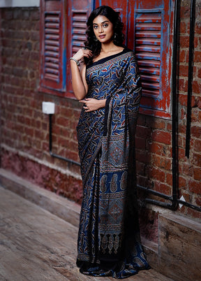 Blue Printed Pure Silk Saree With Blouse Piece - Indian Silk House Agencies