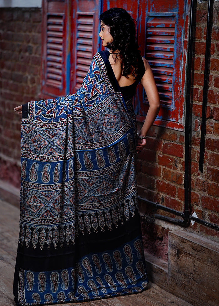 Blue Printed Pure Silk Saree With Blouse Piece - Indian Silk House Agencies