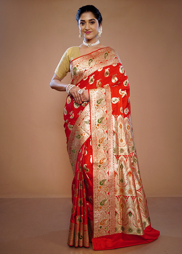 Red Banarasi Pure Silk Saree With Blouse Piece - Indian Silk House Agencies