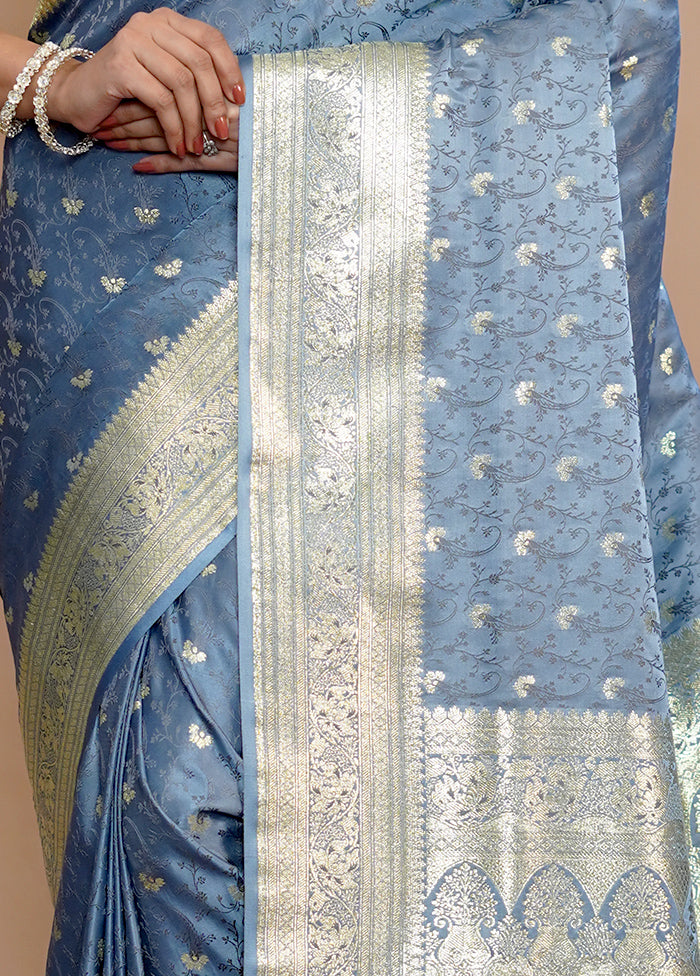 Blue Banarasi Silk Saree With Blouse Piece - Indian Silk House Agencies