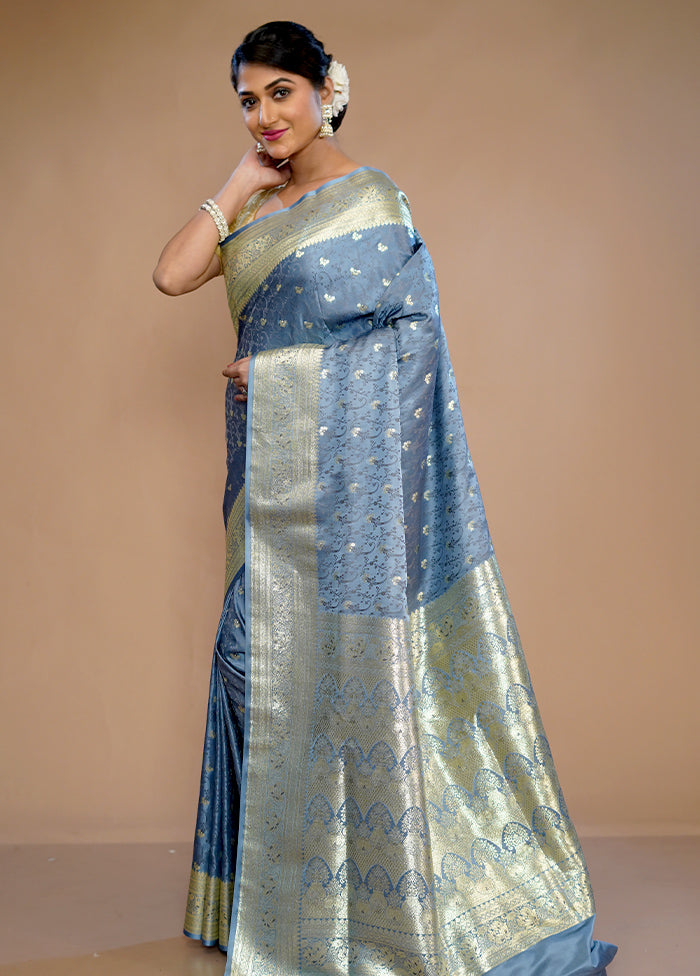 Blue Banarasi Silk Saree With Blouse Piece - Indian Silk House Agencies