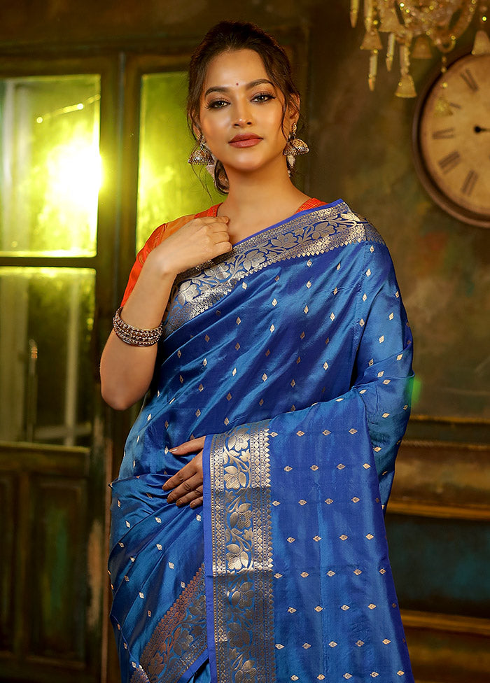 Blue Katan Pure Silk Saree With Blouse Piece - Indian Silk House Agencies