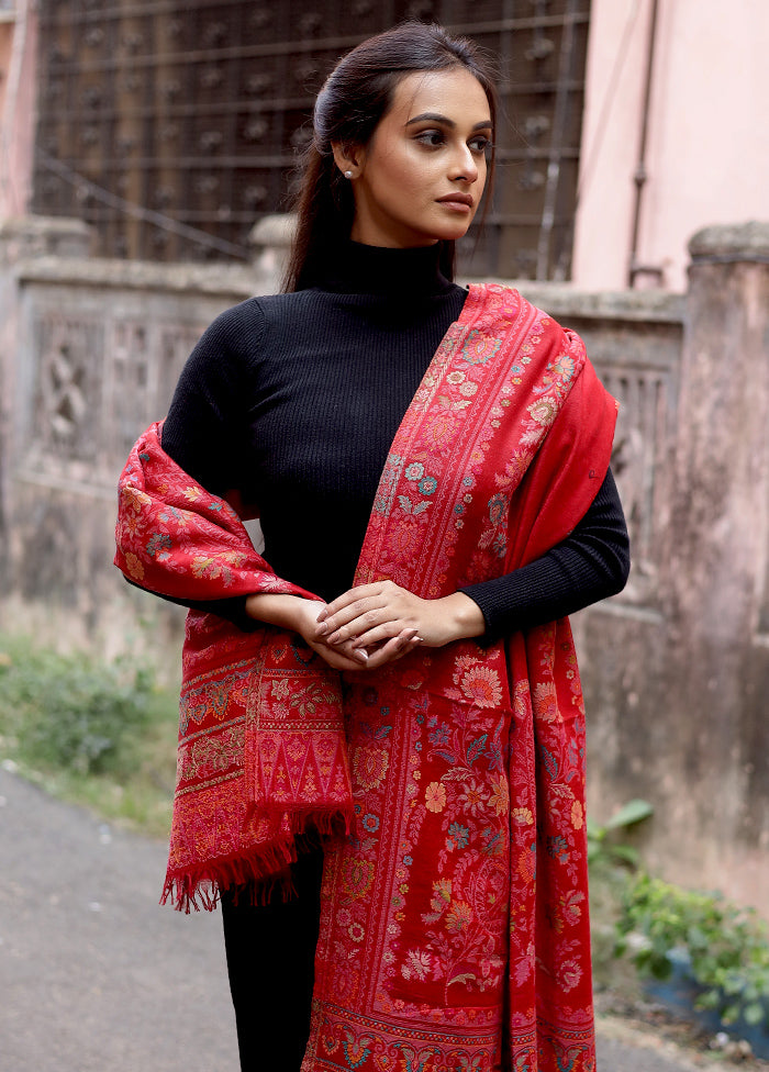 Pink Woolen Zari Woven Work Shawl - Indian Silk House Agencies