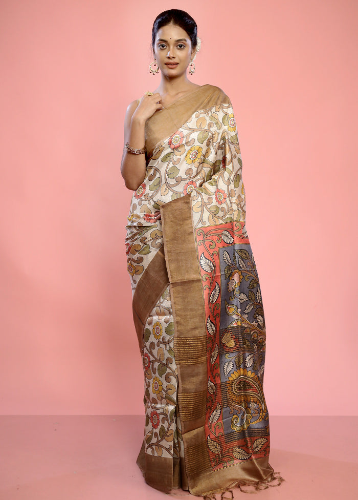 Cream Tussar Silk Saree With Blouse Piece - Indian Silk House Agencies