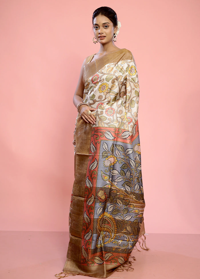 Cream Tussar Silk Saree With Blouse Piece - Indian Silk House Agencies