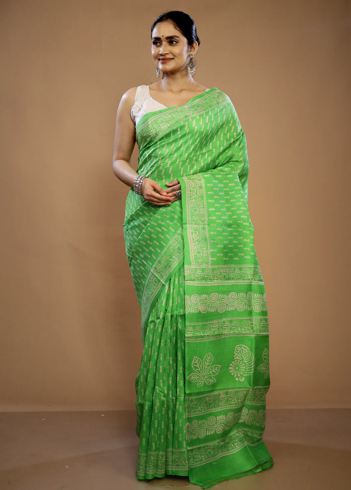 Green Printed Pure Silk Saree With Blouse Piece - Indian Silk House Agencies