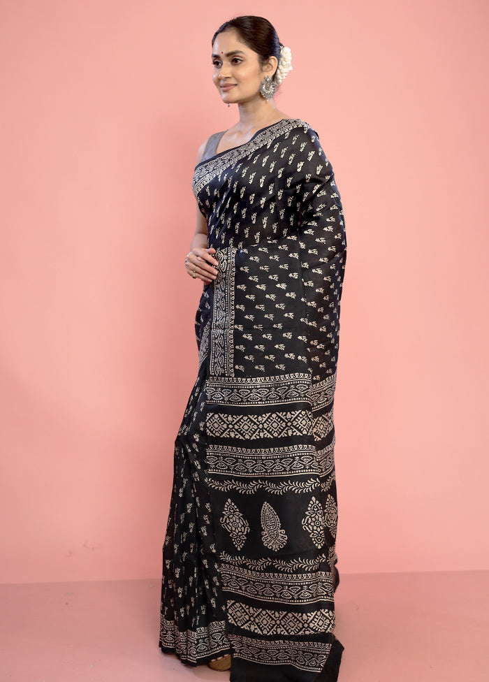 Black Printed Pure Silk Saree With Blouse Piece - Indian Silk House Agencies