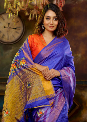 Blue Printed Pure Silk Saree With Blouse Piece - Indian Silk House Agencies