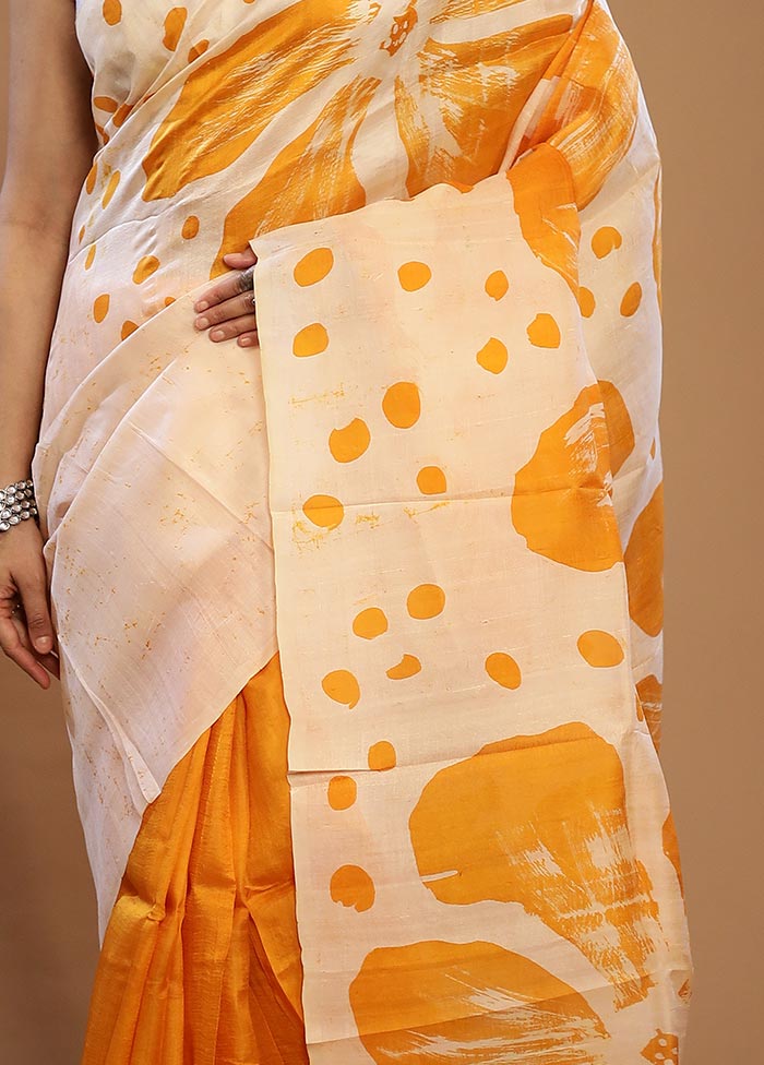 Cream Printed Pure Silk Saree With Blouse Piece - Indian Silk House Agencies