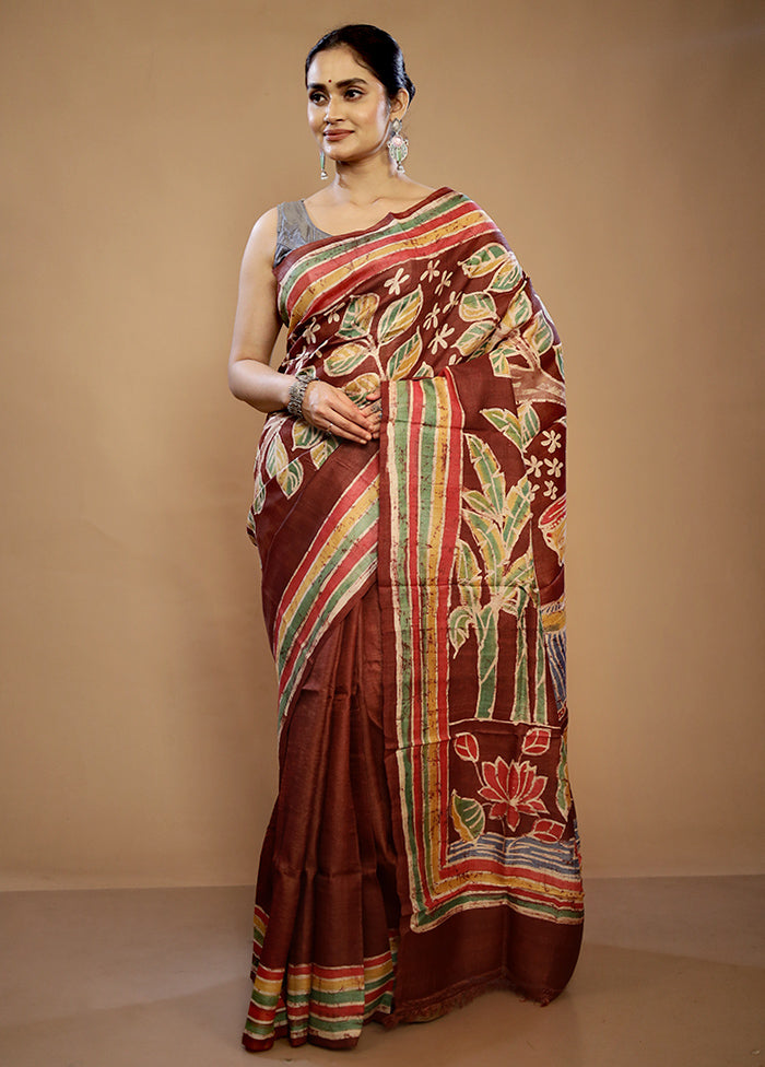 Brown Tussar Pure Silk Saree With Blouse Piece - Indian Silk House Agencies