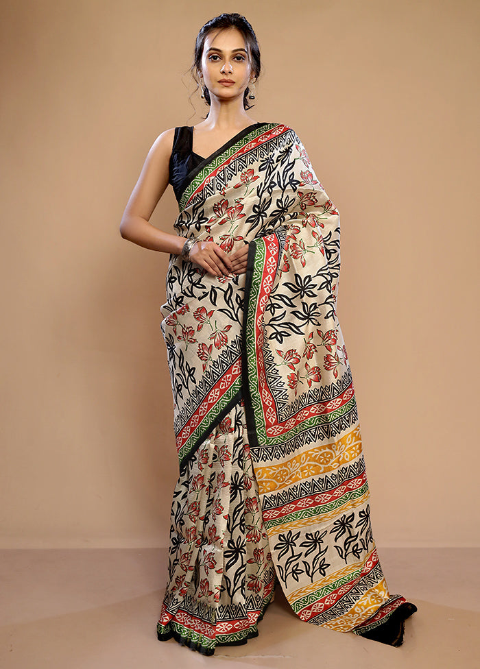 Cream Printed Pure Silk Saree With Blouse Piece - Indian Silk House Agencies