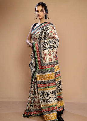 Cream Printed Pure Silk Saree With Blouse Piece - Indian Silk House Agencies