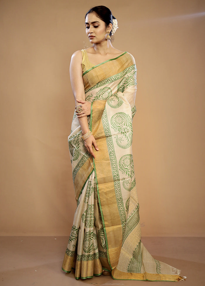 Cream Tussar Silk Saree With Blouse Piece - Indian Silk House Agencies