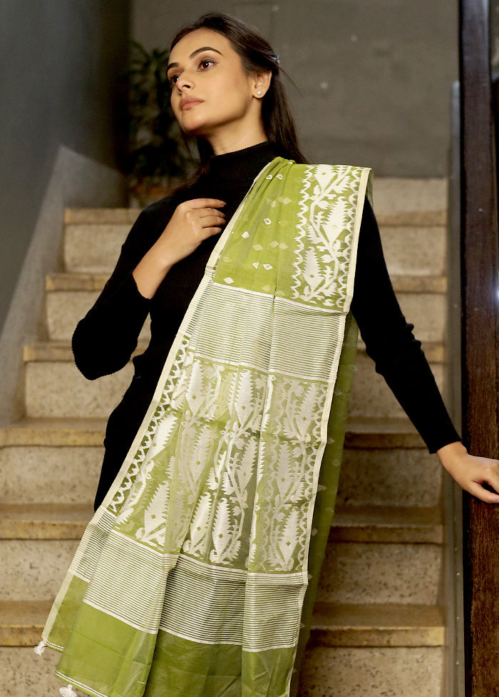 Green Jamdani Woven Dupatta - Indian Silk House Agencies