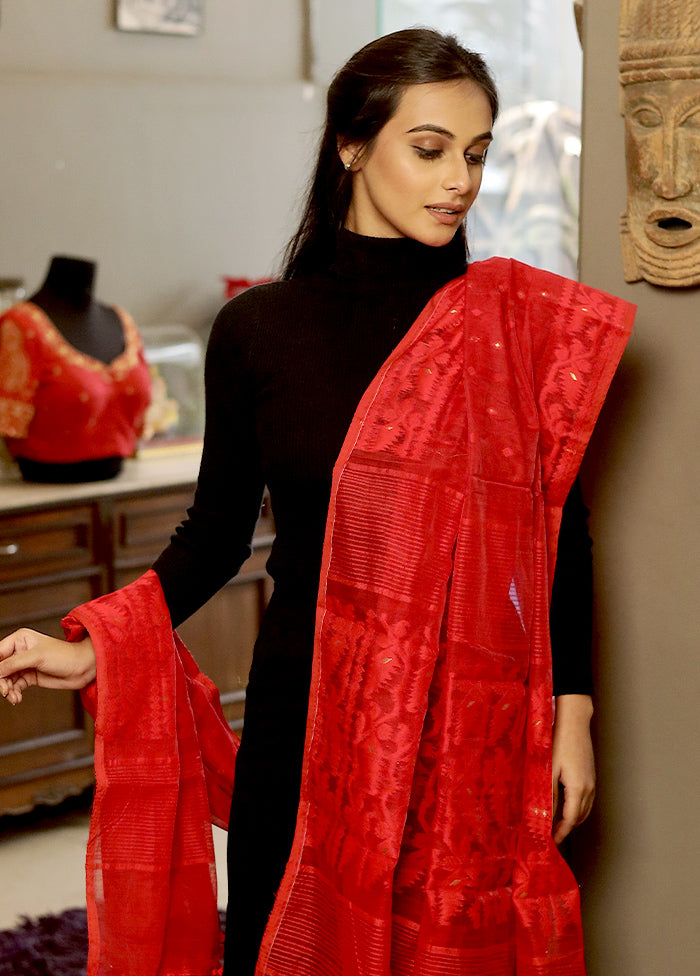 Red Jamdani Woven Dupatta - Indian Silk House Agencies