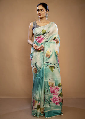 Cream Printed Pure Silk Saree With Blouse Piece - Indian Silk House Agencies