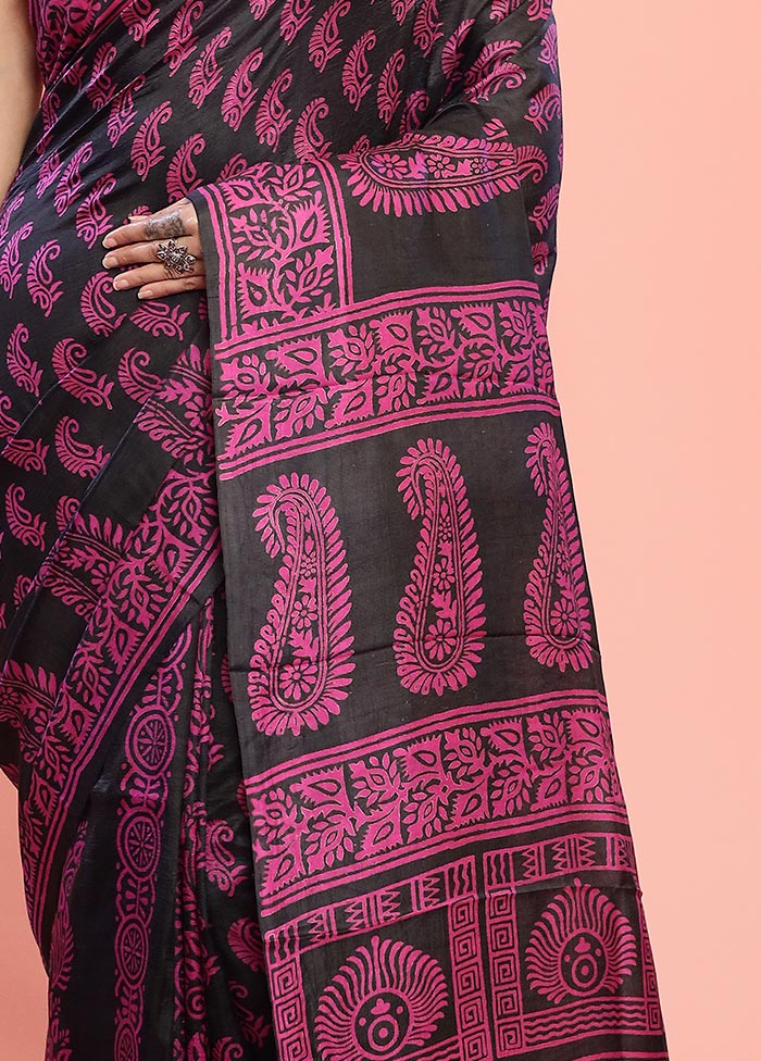 Black Printed Pure Silk Saree With Blouse Piece - Indian Silk House Agencies