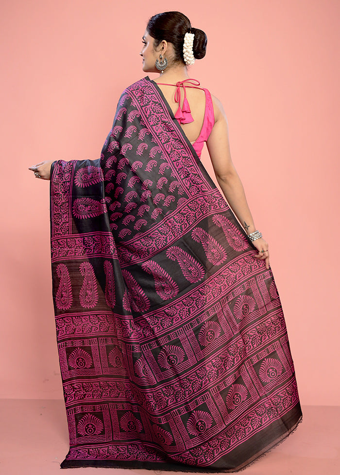 Black Printed Pure Silk Saree With Blouse Piece - Indian Silk House Agencies