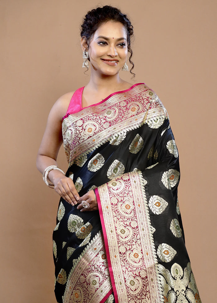 Black Banarasi Silk Saree With Blouse Piece - Indian Silk House Agencies